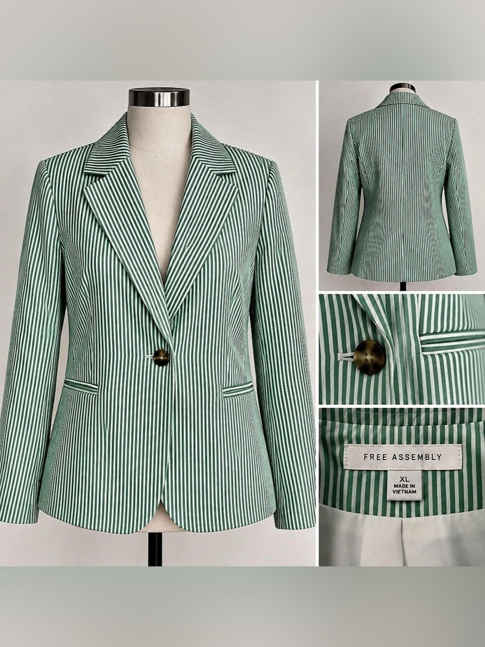 NWT Free Assembly Linen-Blend Single Breasted Blazer Striped Blazer Green & Whit